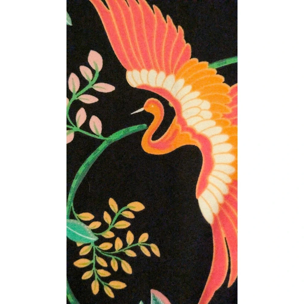 BeautySleep Social Pajama Set XS Black Tropical Crane Print Pink Trim Loungewear